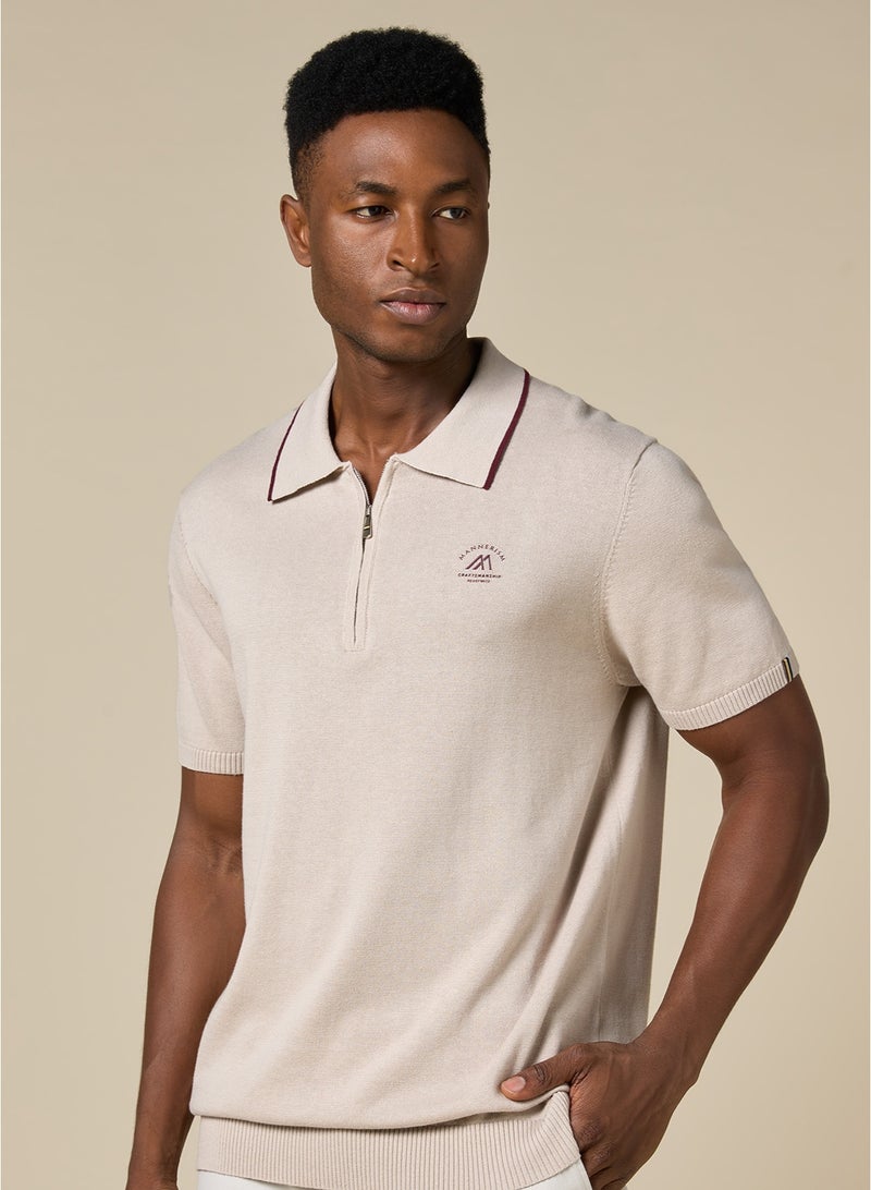مانرزم The Soft Sand Cotton Polo with Quarter-Zip, Comfort Fit - Image 1