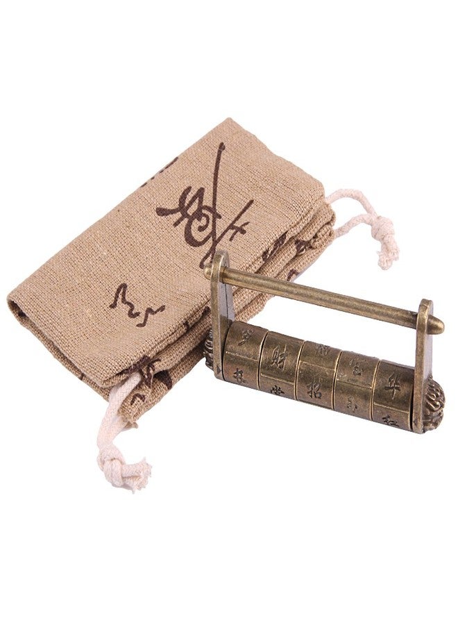 GTHER Antique Vintage Chinese Characters Combination Password Lock Padlock Decorative Old Oriental Traditional Lock Bronze with Bag for Wooden Jewelry Box Cabinet, 79x37mm - Image 2