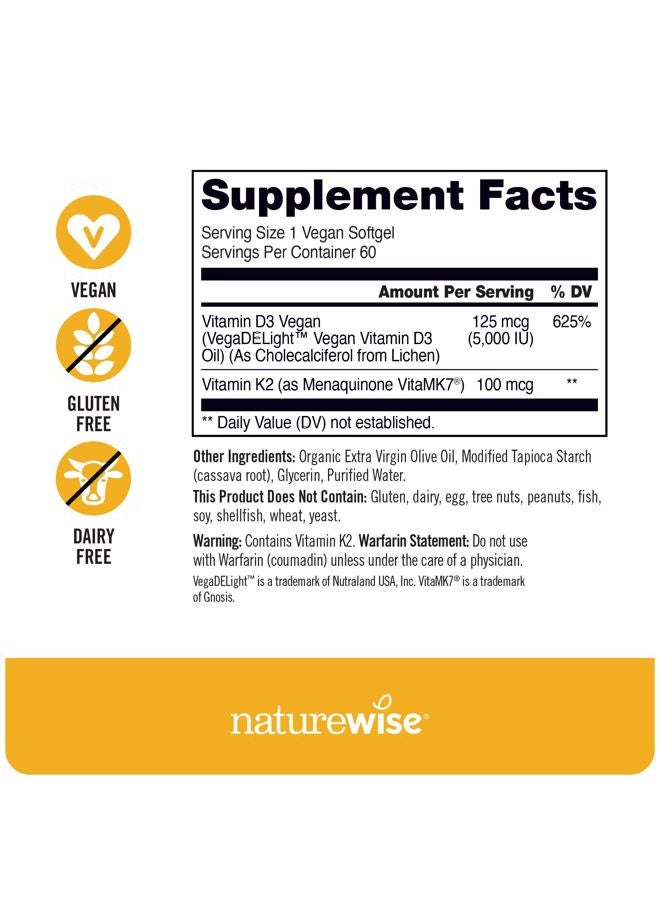 NatureWise Vitamin D3 + K2 with Plant Based D 5000IU & 100mcg K as MK-7 - Max Absorption Immune Support - Vegan, Non-GMO - with Extra Virgin Olive Oil - 60 Softgels[2-Month Supply]  - Image 4