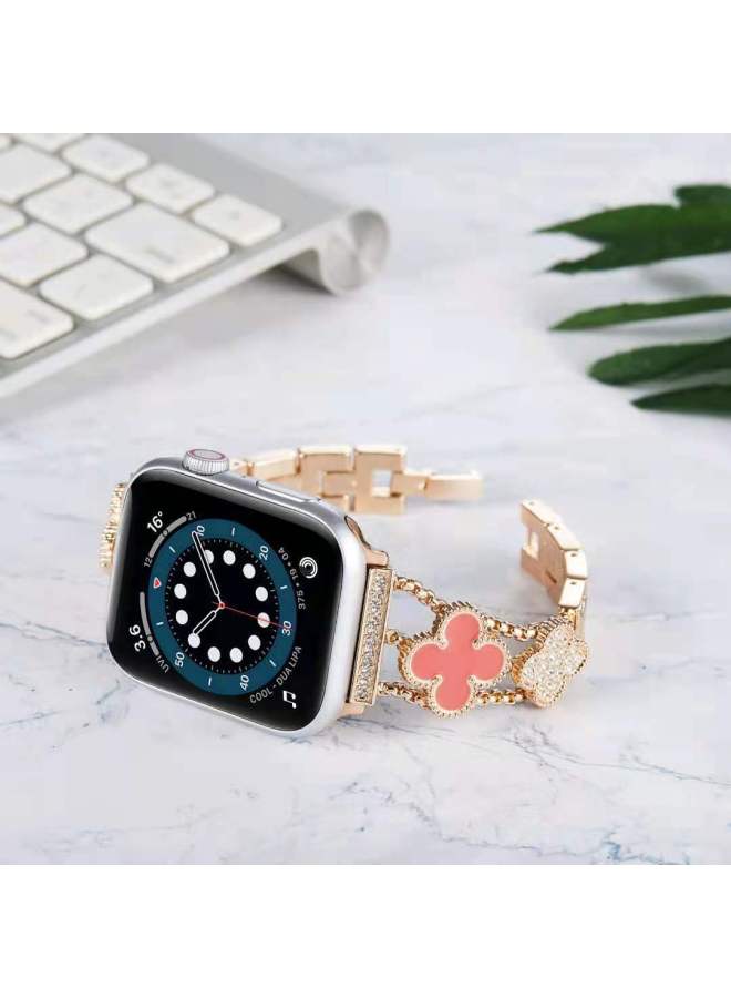 For Apple Appleiwatch678 Generation Se Diamond Metal Triple Chain Double Four-leaf Clover Watch Strap Small Waist - Image 1