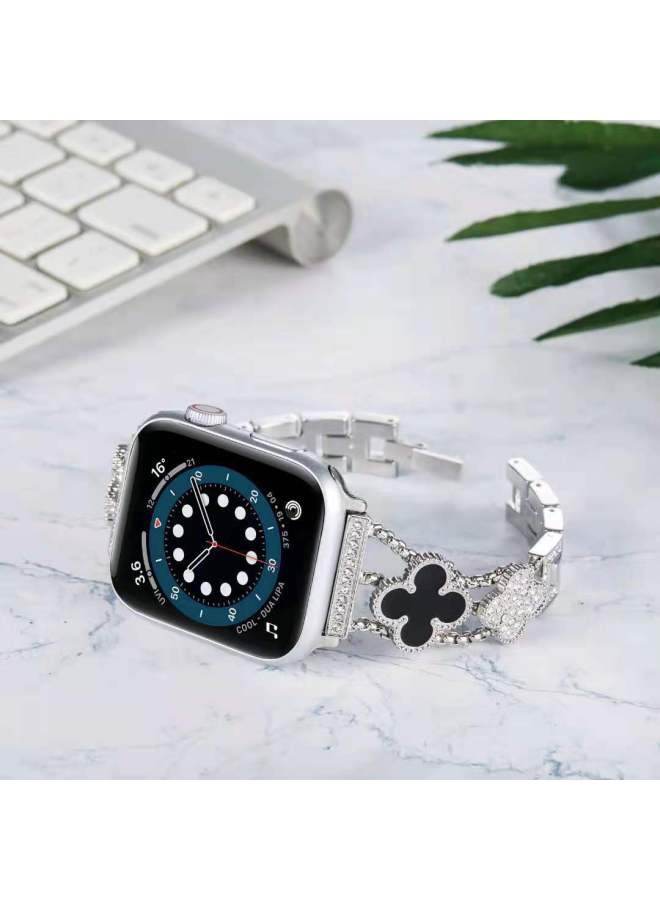 For Apple Appleiwatch678 Generation Se Diamond Metal Triple Chain Double Four-leaf Clover Watch Strap Small Waist - Image 4