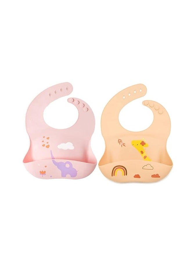 Pixie Baby Silicone Bibs Easily Clean Pack of 2, Soft Adjustable Waterproof Toddler Silicone Bibs for Babies Girl and Boy (Elephant, Jeraff) - Image 1