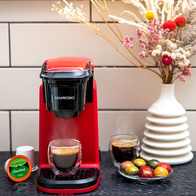 Mixpresso Red Single Serve Coffee Maker for K Capsule, Compact Mini Coffee Maker 800 Watt Coffee Machine for Pods or Ground, Fast Brew, Auto Shut Off, 12 Oz Brew Size for Travel, Office, RV and Dorm - Image 2