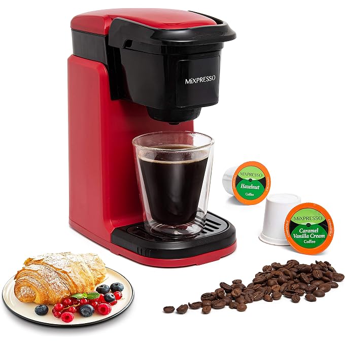 Mixpresso Red Single Serve Coffee Maker for K Capsule, Compact Mini Coffee Maker 800 Watt Coffee Machine for Pods or Ground, Fast Brew, Auto Shut Off, 12 Oz Brew Size for Travel, Office, RV and Dorm - Image 1