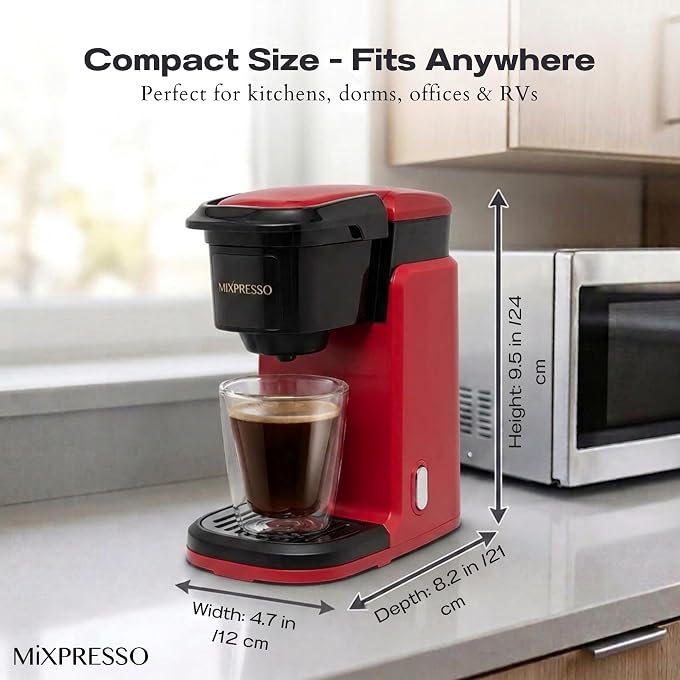 Mixpresso Red Single Serve Coffee Maker for K Capsule, Compact Mini Coffee Maker 800 Watt Coffee Machine for Pods or Ground, Fast Brew, Auto Shut Off, 12 Oz Brew Size for Travel, Office, RV and Dorm - Image 3