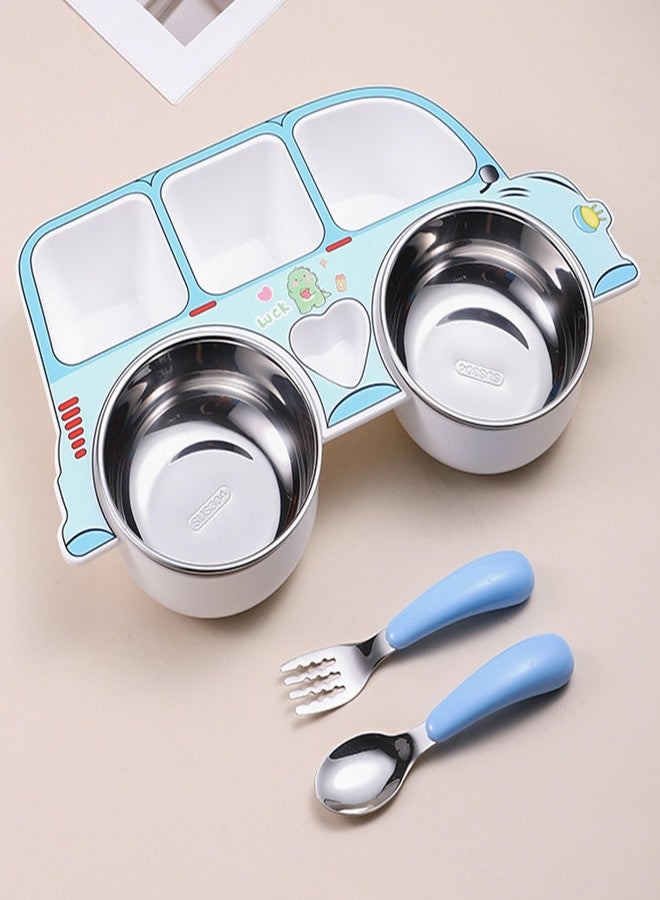 Bembika Stainless Steel Baby Feeding Set ? Durable, Non-Toxic, Compact Kids Crockery Set with Safety Utensils for Tiny Hands, Easy to Clean, Perfect Baby Dinner Set-(Blue Car Design with Fork & Spoon) - Image 1