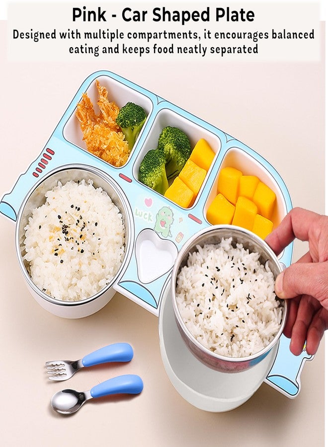Bembika Stainless Steel Baby Feeding Set ? Durable, Non-Toxic, Compact Kids Crockery Set with Safety Utensils for Tiny Hands, Easy to Clean, Perfect Baby Dinner Set-(Blue Car Design with Fork & Spoon) - Image 2