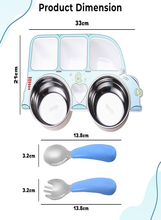 Bembika Stainless Steel Baby Feeding Set ? Durable, Non-Toxic, Compact Kids Crockery Set with Safety Utensils for Tiny Hands, Easy to Clean, Perfect Baby Dinner Set-(Blue Car Design with Fork & Spoon) - Image 3