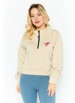 ESPRIT Women Mock Neck Embroidered Long Sleeves Sweatshirt, Beige  - Image 1