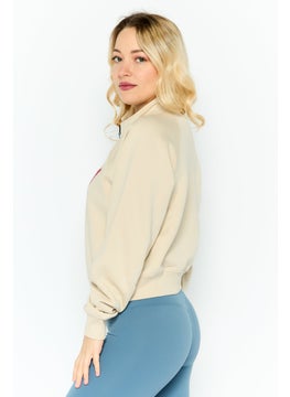 ESPRIT Women Mock Neck Embroidered Long Sleeves Sweatshirt, Beige  - Image 2
