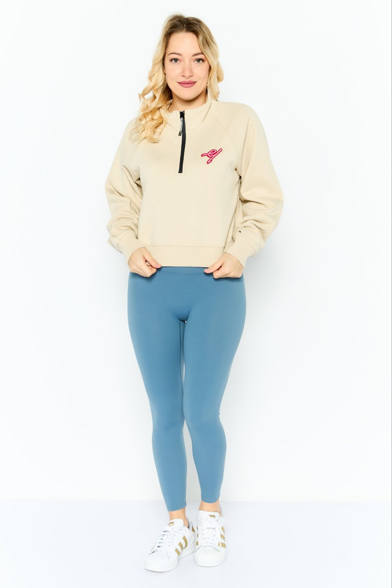 ESPRIT Women Mock Neck Embroidered Long Sleeves Sweatshirt, Beige - Image 2