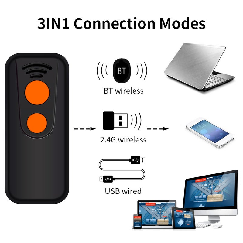 2D 1D QR Barcode Scanner 3 in 1 BT & 2.4GHz Wireless & Wired Connection Sound and Vibrator Prompt Support Offline Storage Compatible with Windows Android Linux Mac for Supermarket Retail Library - Image 2