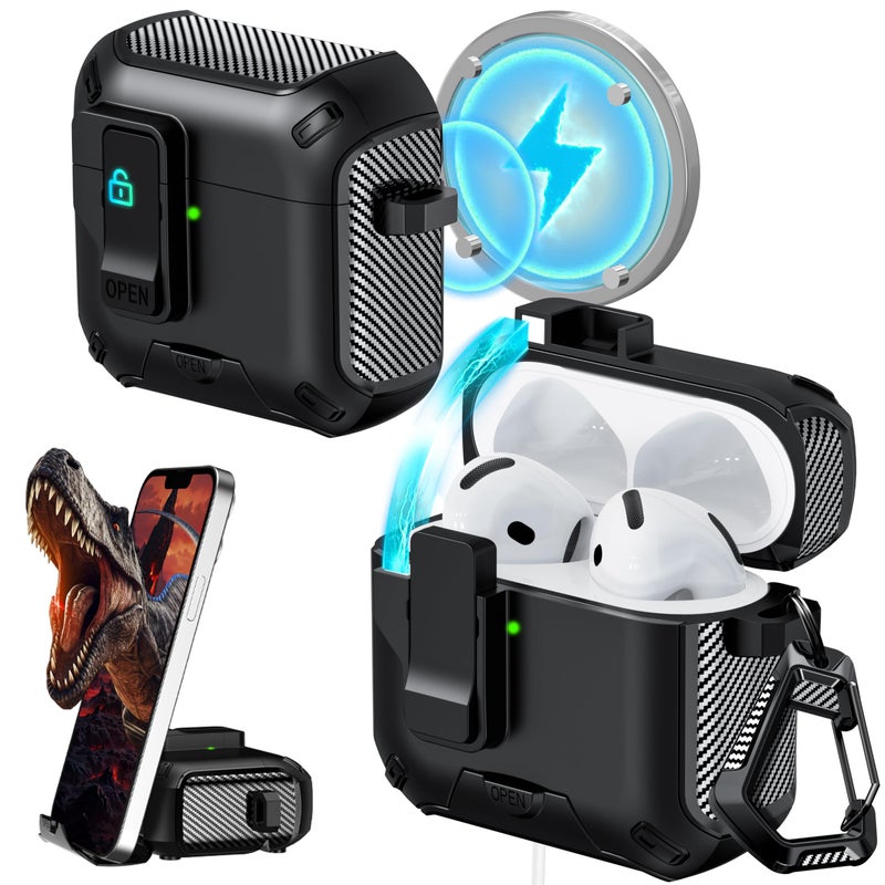 RFUNGUANGO for AirPods 4th Generation Case 2024 Latest Multi Functional Earphone Case Bracket Function MagSafe Function Anti Fall Lock Automatic Open Cover 2024 A+Series-Black - Image 1