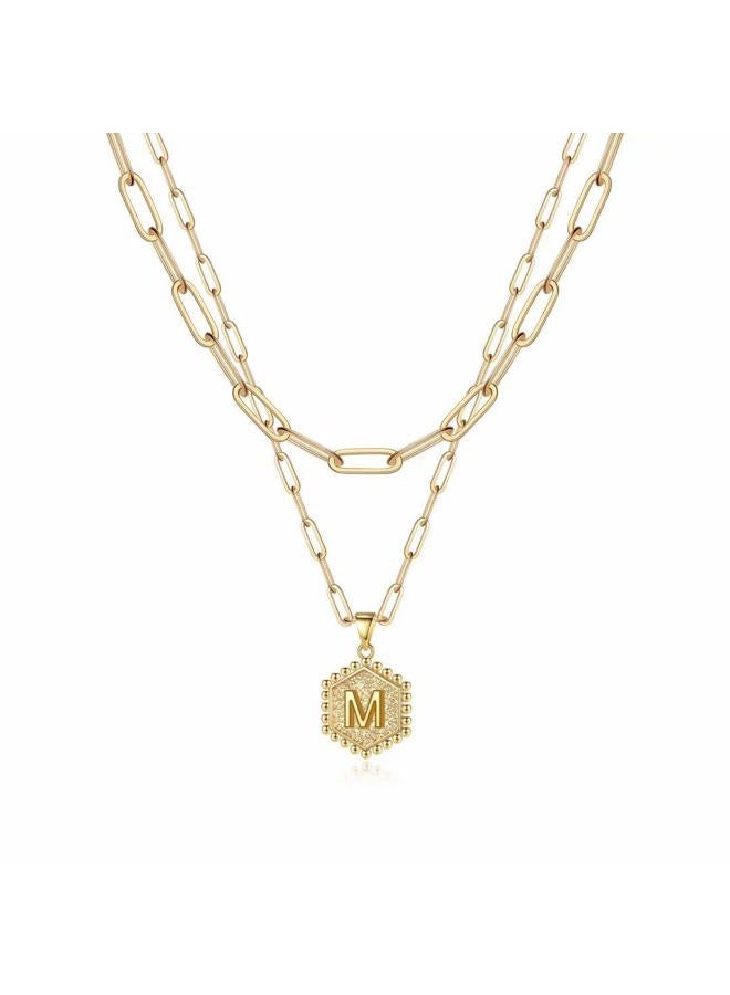 M MOOHAM Dainty Gold Necklace for Women - 14K Solid Gold Over Layering Necklaces for Women Cute Hexagon Letter Initial Necklaces for Women Gold Layered Necklaces for Women Jewelry Gifts - Image 1