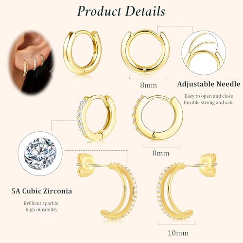 Poxtex Small 14K Gold Plated Huggie Hoop Earrings Set for Women, Hypoallergenic Trendy Double Hoops for Multiple Piercings, Dainty Cute Mini Lightweight Cartilage Jewelry Gift for Sensitive Ears - Image 5