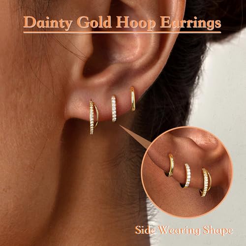 Poxtex Small 14K Gold Plated Huggie Hoop Earrings Set for Women, Hypoallergenic Trendy Double Hoops for Multiple Piercings, Dainty Cute Mini Lightweight Cartilage Jewelry Gift for Sensitive Ears - Image 2