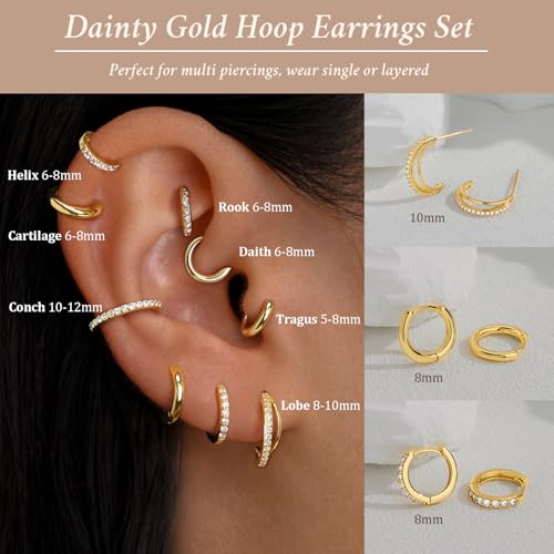 Poxtex Small 14K Gold Plated Huggie Hoop Earrings Set for Women, Hypoallergenic Trendy Double Hoops for Multiple Piercings, Dainty Cute Mini Lightweight Cartilage Jewelry Gift for Sensitive Ears - Image 4