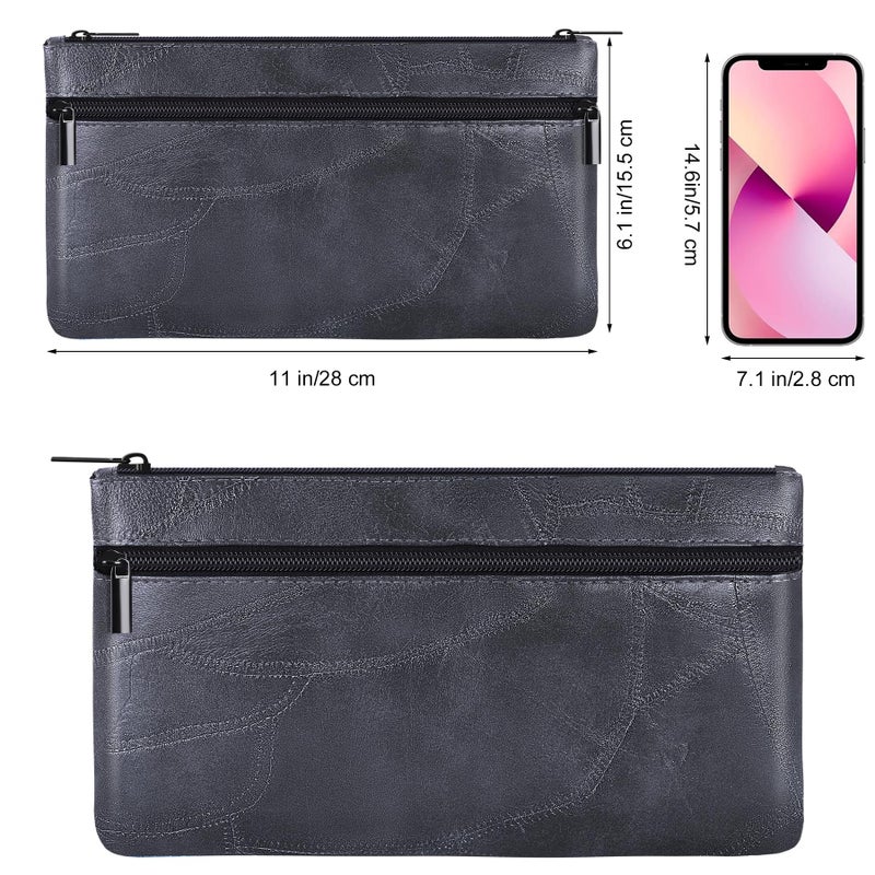 HAUTOCO Money Bag with Zipper 11 x 6.1 inch Embossed Deposit Money Pouch with Lined PU Leather Bank Bag Two Pockets Utility Wallet for Cash Check Receipt Coins Cosmetics, Black - Image 2