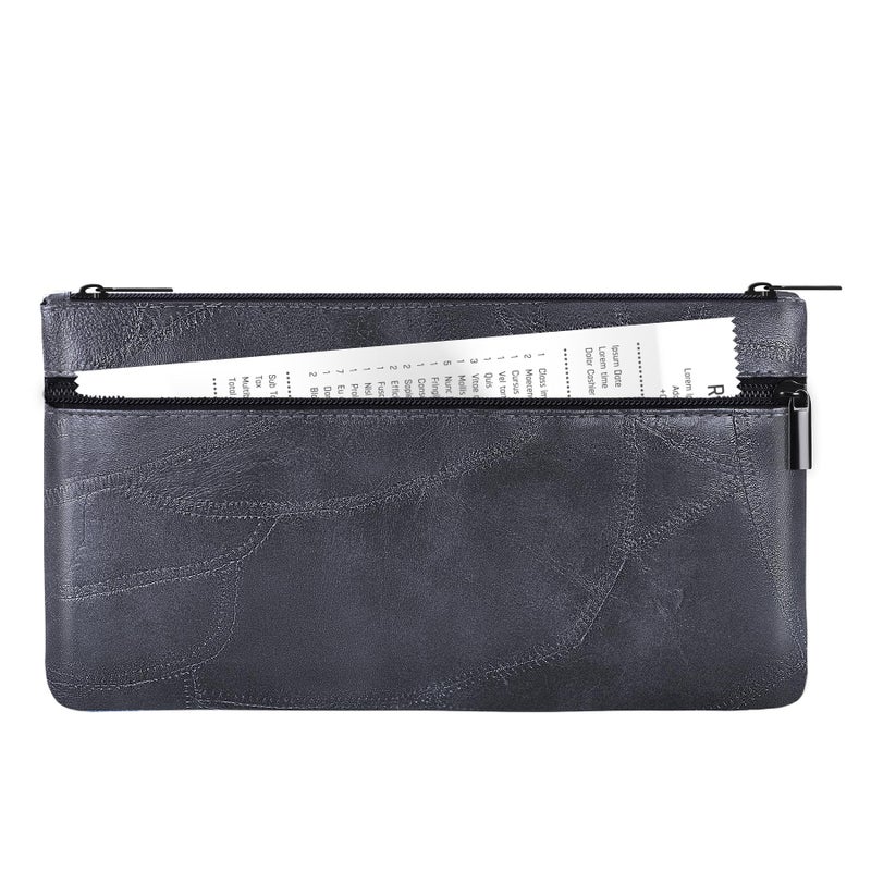 HAUTOCO Money Bag with Zipper 11 x 6.1 inch Embossed Deposit Money Pouch with Lined PU Leather Bank Bag Two Pockets Utility Wallet for Cash Check Receipt Coins Cosmetics, Black - Image 1