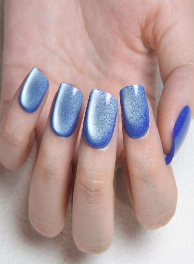 evpct Blue Cat Eye Extra Short Press on Nails Square, Petite Short Square Glue on Nails for Women Gift, Light Sky Blue Metallic Glitter Glossy Reusable Gel Press on Acrylic Fake Nail with Designs - Image 3