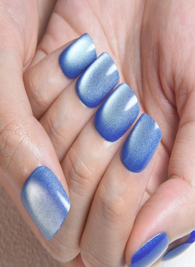 evpct Blue Cat Eye Extra Short Press on Nails Square, Petite Short Square Glue on Nails for Women Gift, Light Sky Blue Metallic Glitter Glossy Reusable Gel Press on Acrylic Fake Nail with Designs - Image 2
