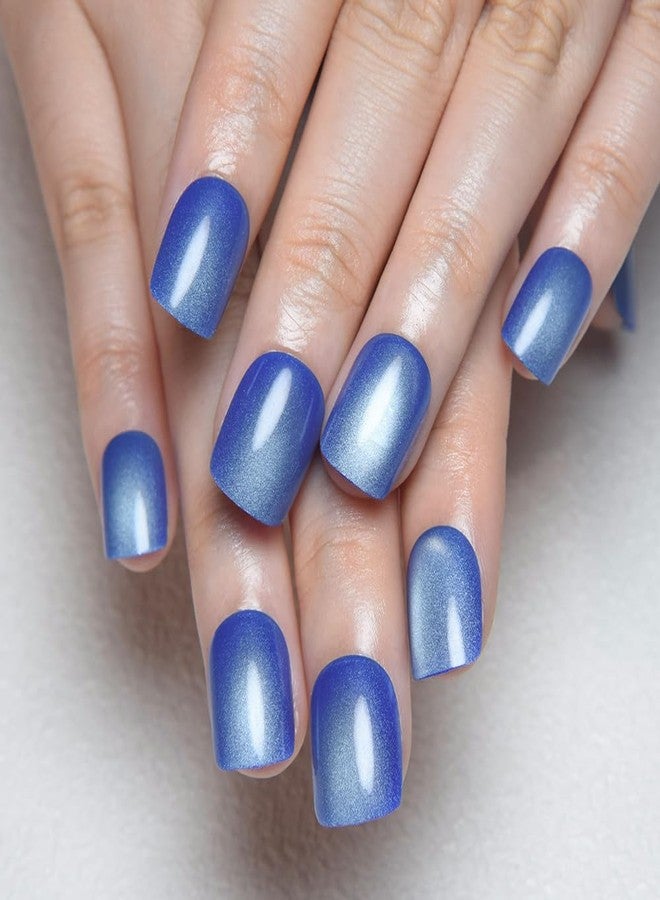 evpct Blue Cat Eye Extra Short Press on Nails Square, Petite Short Square Glue on Nails for Women Gift, Light Sky Blue Metallic Glitter Glossy Reusable Gel Press on Acrylic Fake Nail with Designs - Image 1