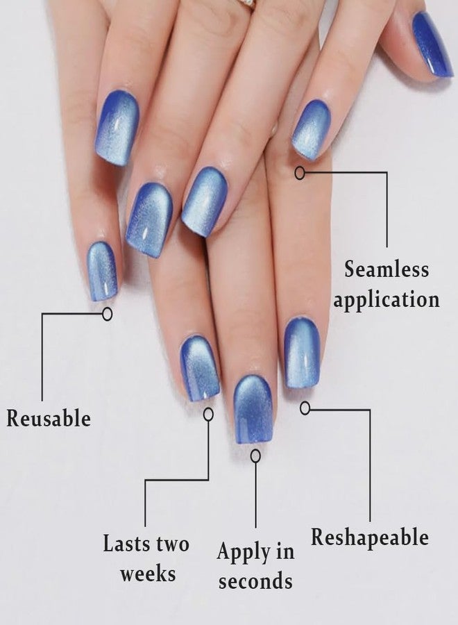evpct Blue Cat Eye Extra Short Press on Nails Square, Petite Short Square Glue on Nails for Women Gift, Light Sky Blue Metallic Glitter Glossy Reusable Gel Press on Acrylic Fake Nail with Designs - Image 5