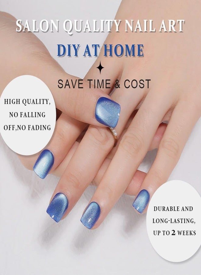 evpct Blue Cat Eye Extra Short Press on Nails Square, Petite Short Square Glue on Nails for Women Gift, Light Sky Blue Metallic Glitter Glossy Reusable Gel Press on Acrylic Fake Nail with Designs - Image 4