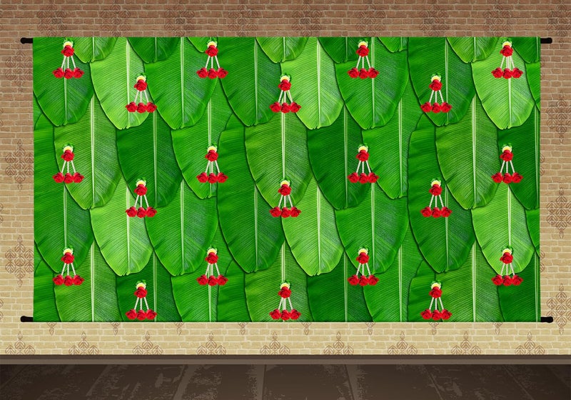Sukalpa Banana Green Leaf with Rose Flower Landscape Design Pooja Decoration Traditional Background Curtain Cloth for Festival FabricPolyester Taiwan Fabric Size 5 Feet Height and 8 Feet Width5 8 - Image 1