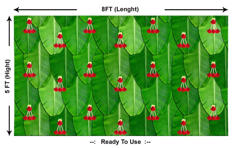 Sukalpa Banana Green Leaf with Rose Flower Landscape Design Pooja Decoration Traditional Background Curtain Cloth for Festival FabricPolyester Taiwan Fabric Size 5 Feet Height and 8 Feet Width5 8 - Image 2