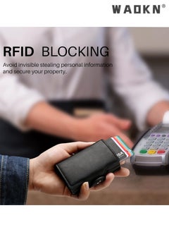 دبليو أيه أو كي أن محفظة للرجال بحامل بطاقات ائتمان، محفظة منبثقة أوتوماتيكية مع RFID، حافظة بطاقات جلدية رفيعة وجيب أمامي مضاد للسرقة ومحافظ سفر رفيعة، منظمات نقود معدنية للنساء تتسع لما يصل إلى 16 بطاقة + نقود  - Image 4
