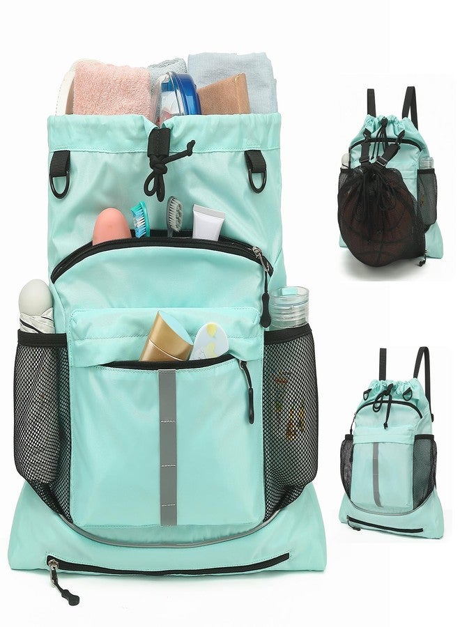 ASKSKY Drawstring Backpack, Waterproof Sandproof Beach Backpack for Sport Gear Small Gym Bag with Hidden Ball Net Pocket and Seperated Wet Pocket Draw String Back Bag for Women Men, Green - Image 1
