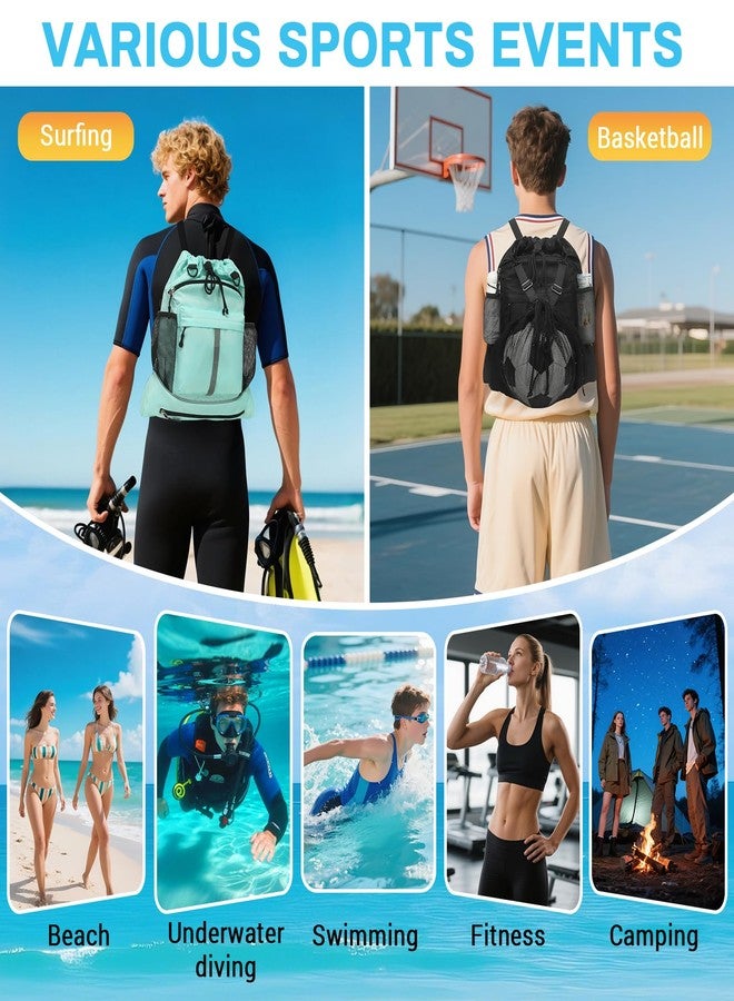 ASKSKY Drawstring Backpack, Waterproof Sandproof Beach Backpack for Sport Gear Small Gym Bag with Hidden Ball Net Pocket and Seperated Wet Pocket Draw String Back Bag for Women Men, Green - Image 4