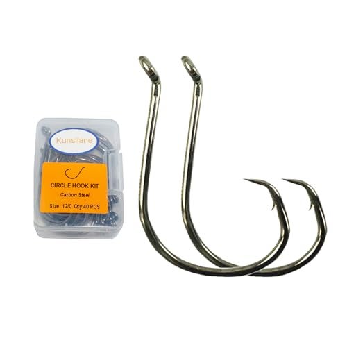 KUNSILANE Catfish Circel Hooks 12/0 Octopus Fishing Circle Hooks for Saltwater Freshwater,Catfish Bass Alligator Gar Heavyeight Offset Hook 40-Pack - Image 1