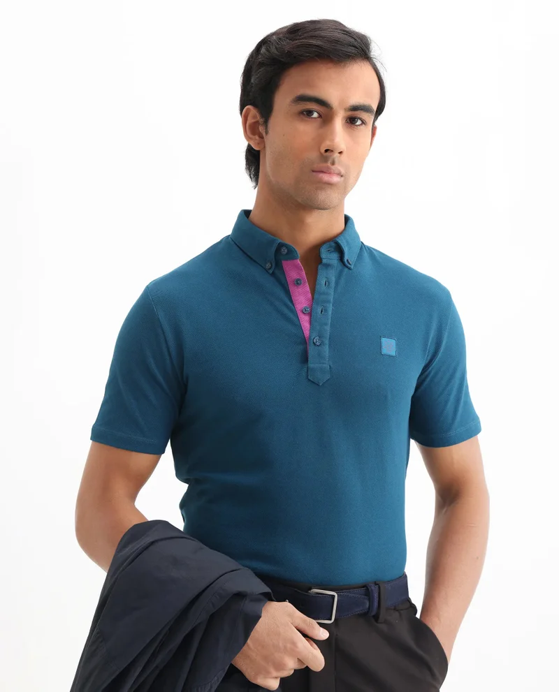 Rare Rabbit Rare Rabbit Men's Herval Blue Cotton Fabric Collared Neck Half Sleeves Polo T-Shirt