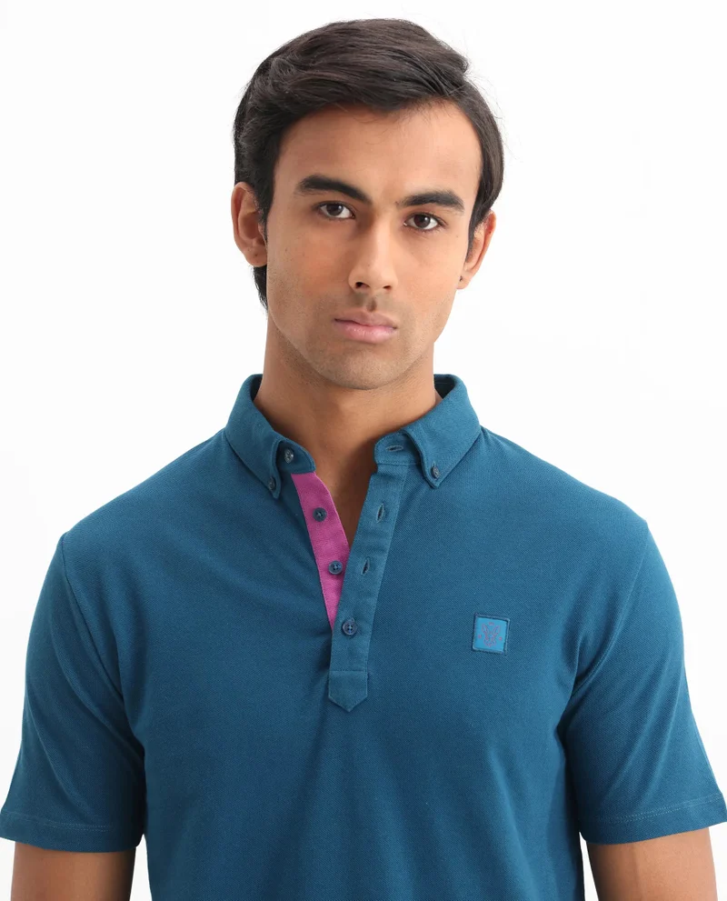 Rare Rabbit Rare Rabbit Men's Herval Blue Cotton Fabric Collared Neck Half Sleeves Polo T-Shirt
