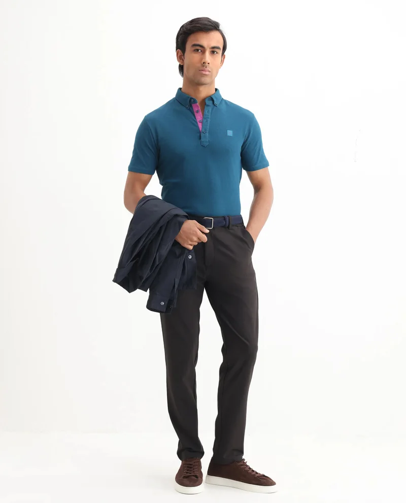 Rare Rabbit Rare Rabbit Men's Herval Blue Cotton Fabric Collared Neck Half Sleeves Polo T-Shirt