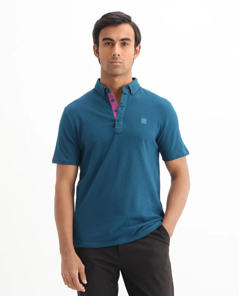 Rare Rabbit Rare Rabbit Men's Herval Blue Cotton Fabric Collared Neck Half Sleeves Polo T-Shirt