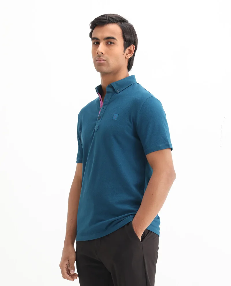 Rare Rabbit Rare Rabbit Men's Herval Blue Cotton Fabric Collared Neck Half Sleeves Polo T-Shirt