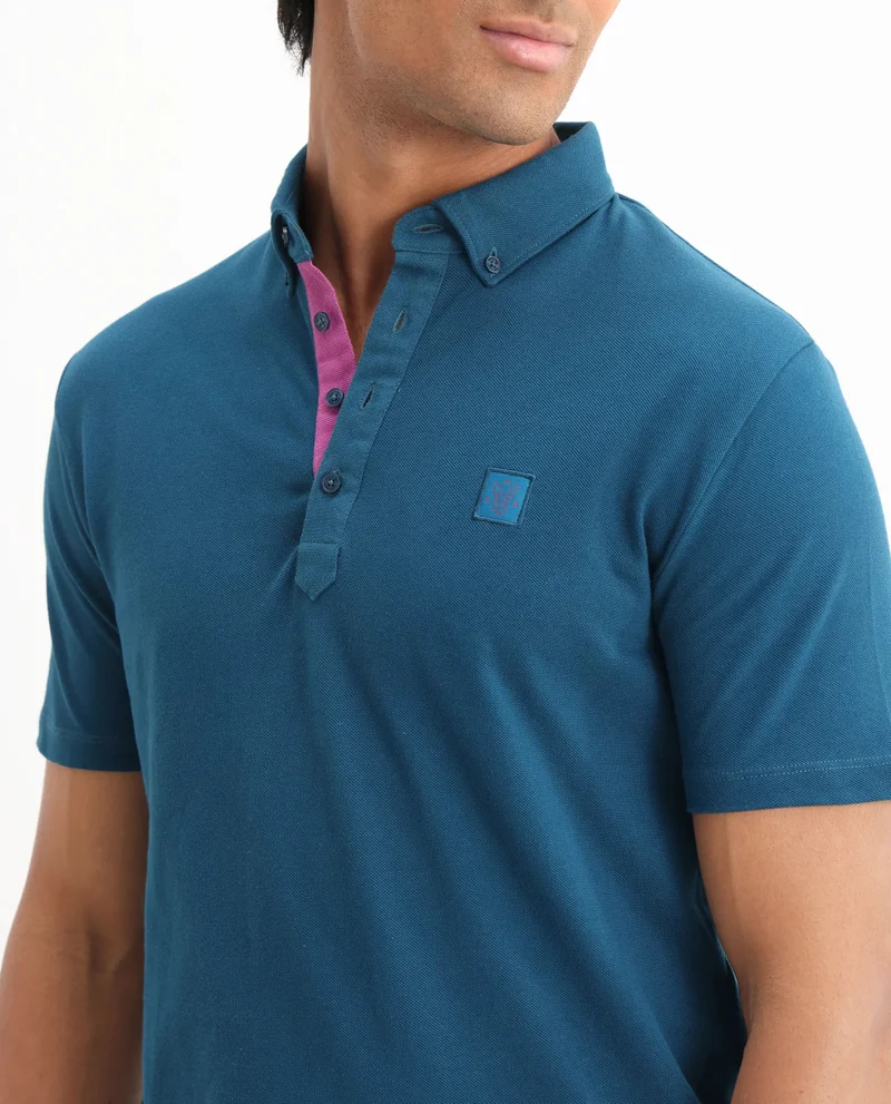 Rare Rabbit Rare Rabbit Men's Herval Blue Cotton Fabric Collared Neck Half Sleeves Polo T-Shirt