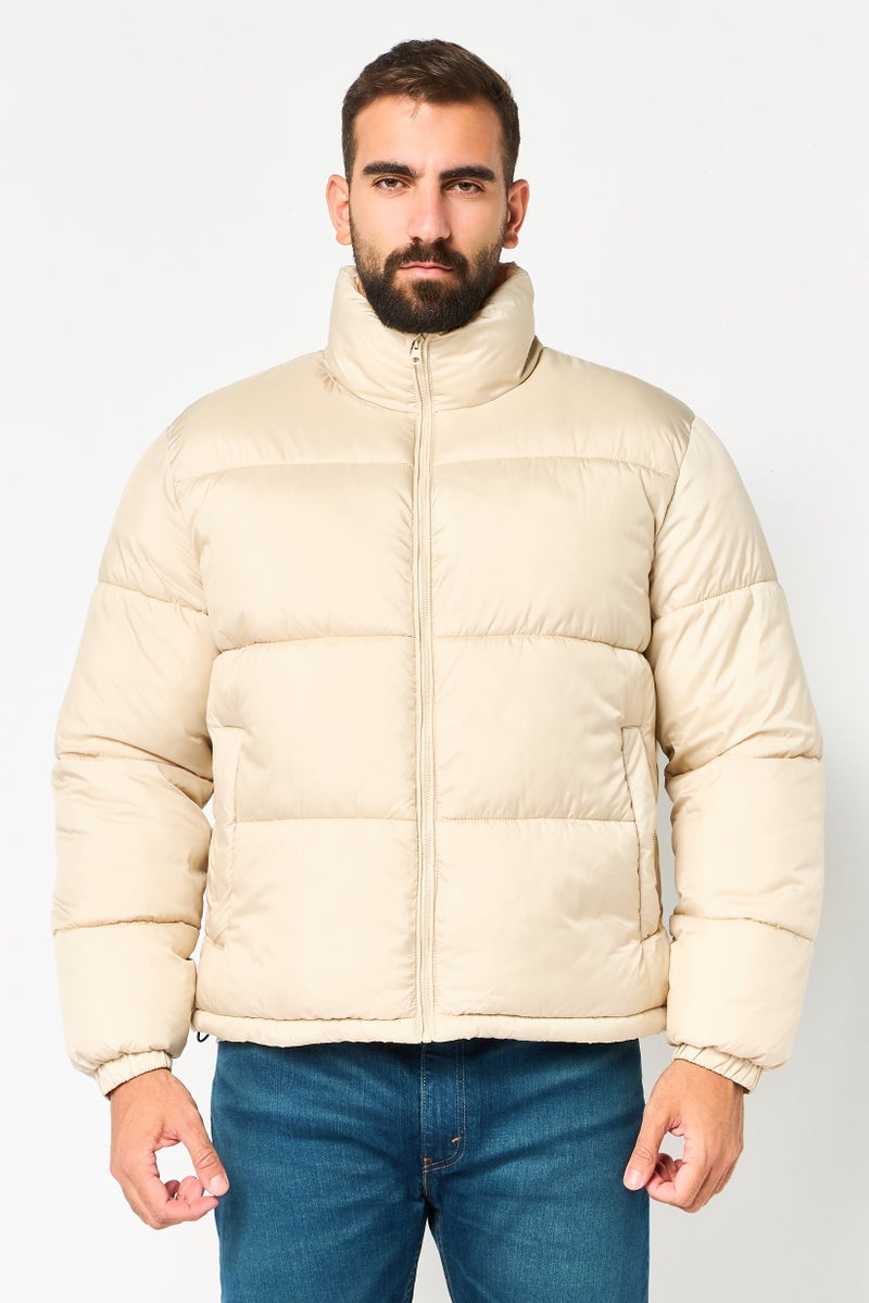 Celio Men Quilted Puffer Jacket, Beige - Image 1