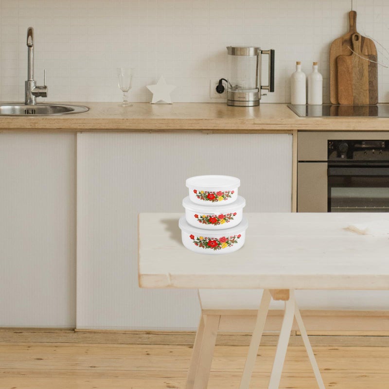 Vintage Enamel Food Storage Bowls With Lids Floral Pattern Large Medium Small Set - Image 5