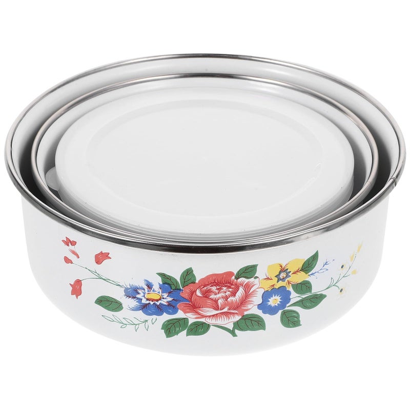 Vintage Enamel Food Storage Bowls With Lids Floral Pattern Large Medium Small Set - Image 2