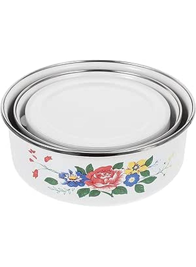 Vintage Enamel Food Storage Bowls With Lids Floral Pattern Large Medium Small Set - Image 1