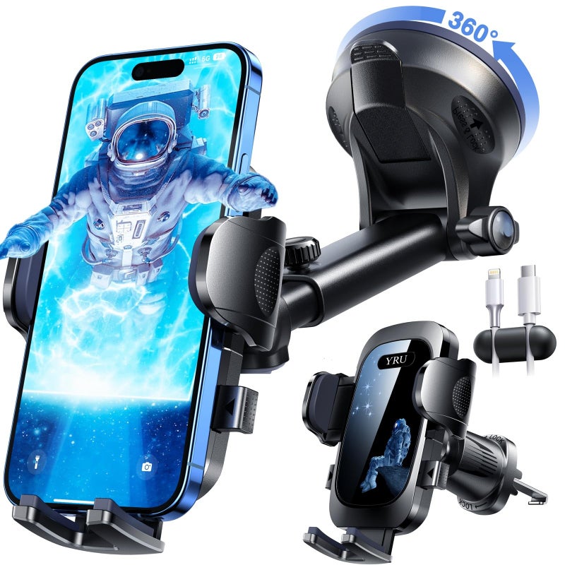 YRU True Military-Grade [360Â° Rotation Suction] 2026 Ultimate Car Phone Holder Mount ã€90+LBS Safest Strongest & Patent Certsã€‘ Dashboard Windshield Vent for iPhone 17 16 Pro Max Samsung,Blue Black - Image 1