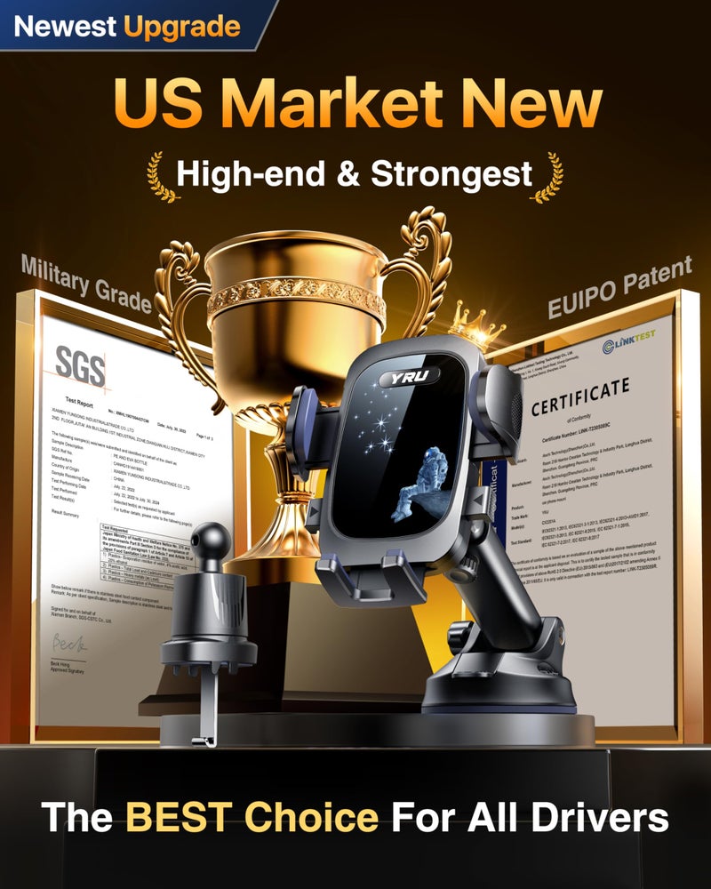 YRU True Military-Grade [360Â° Rotation Suction] 2026 Ultimate Car Phone Holder Mount ã€90+LBS Safest Strongest & Patent Certsã€‘ Dashboard Windshield Vent for iPhone 17 16 Pro Max Samsung,Blue Black - Image 2