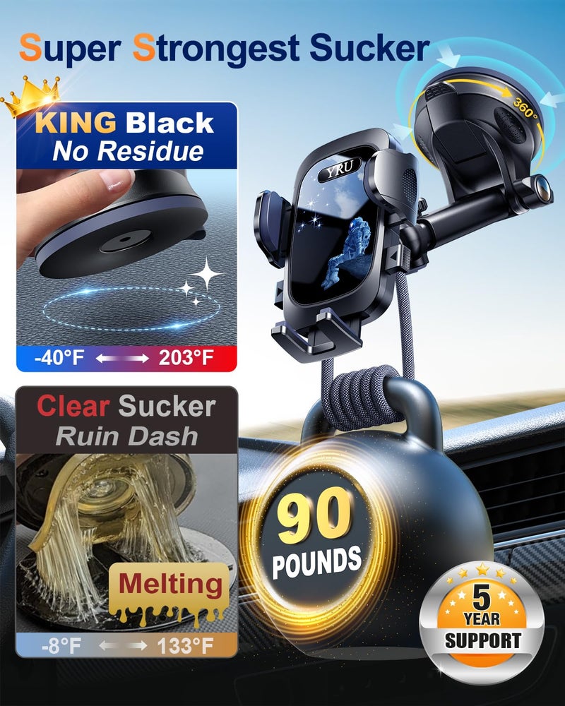 YRU True Military-Grade [360Â° Rotation Suction] 2026 Ultimate Car Phone Holder Mount ã€90+LBS Safest Strongest & Patent Certsã€‘ Dashboard Windshield Vent for iPhone 17 16 Pro Max Samsung,Blue Black - Image 3