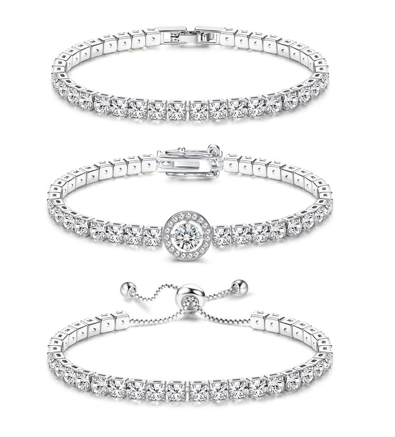 YADOCA Tennis Bracelets For Women - Silver Plated Bracelet Stack Cubic Zirconia CZ Diamond Adjustable Stackable Bracelets Set For Prom Wedding Jewelry Gift 3Pcs - Image 1