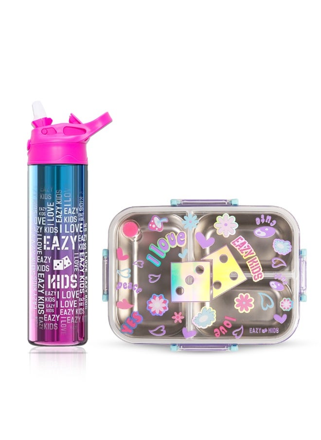 Eazy Kids Eazy Kids 3 Compartment 800ml Stainless Steel bento Lunch Box w/ Steel Water Bottle - Floral Purple  - Image 1