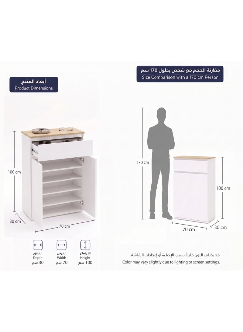 Furniture Store Modern shoe rack/shoe cabinet with a wide drawer and 5 shelves, MDF, in light wood color with white, high-quality finish, from Furniture Store. - Image 5